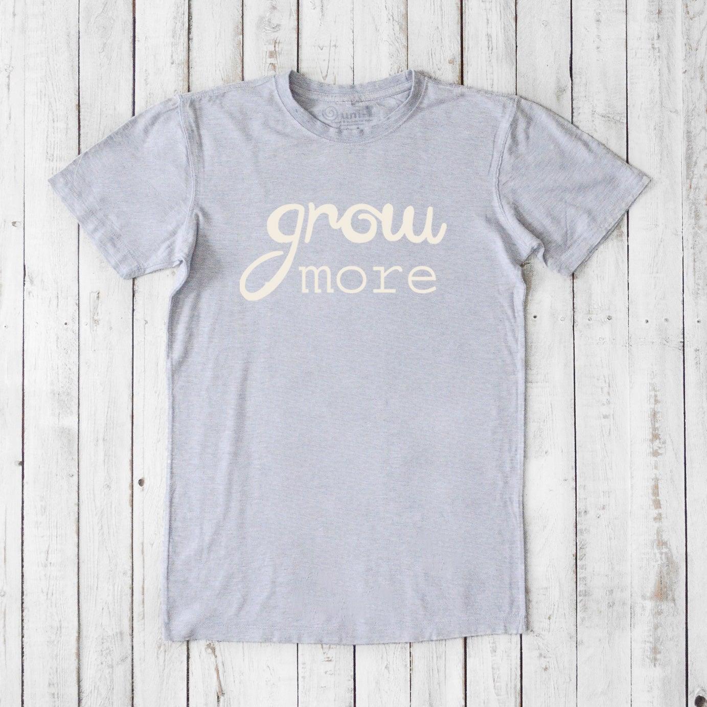 Heather gray 'Grow More' men's bamboo and organic cotton T-shirt, classic fit plant lover tee ideal for gardening enthusiasts.