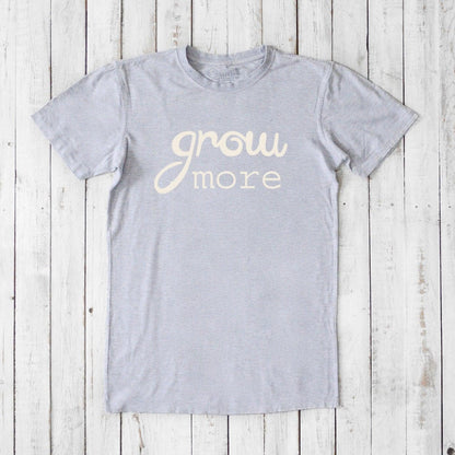 Heather gray 'Grow More' men's bamboo and organic cotton T-shirt, classic fit plant lover tee ideal for gardening enthusiasts.