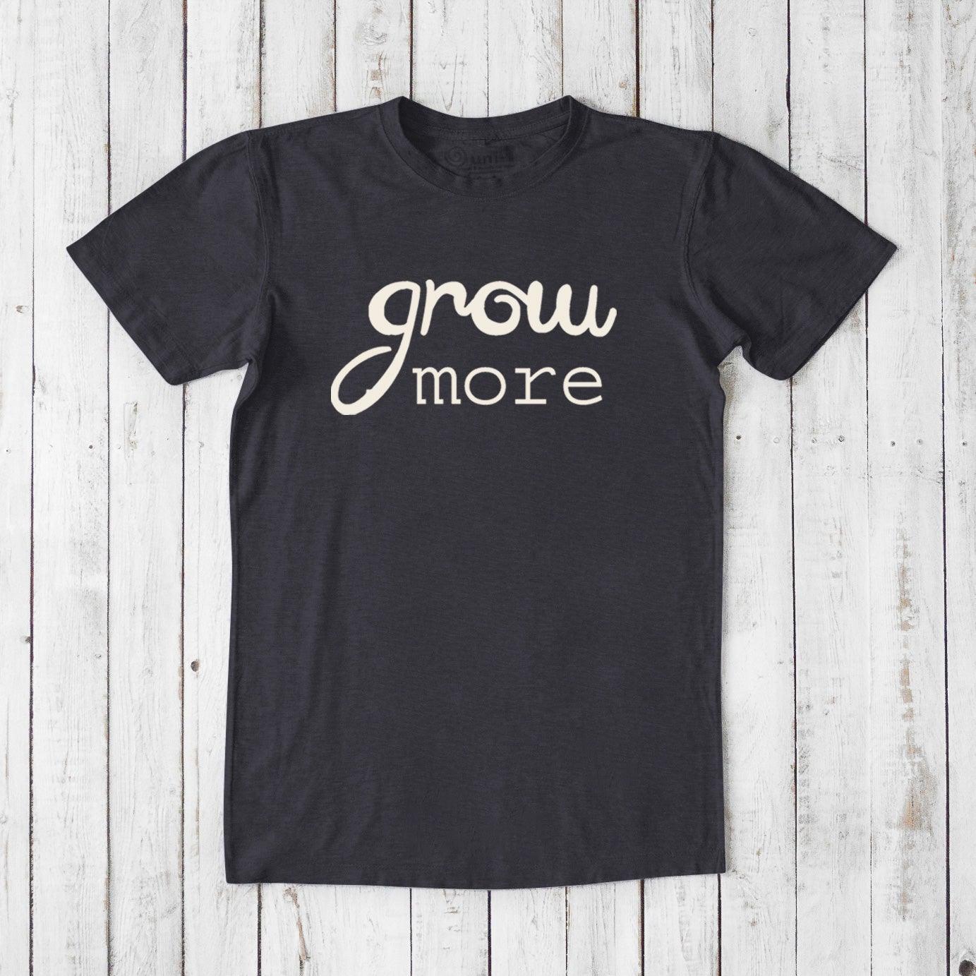 Charcoal black 'Grow More' men's gardening T-shirt in bamboo and organic cotton, eco-friendly classic fit tee for plant lovers.