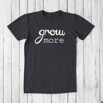 Charcoal black 'Grow More' men's gardening T-shirt in bamboo and organic cotton, eco-friendly classic fit tee for plant lovers.