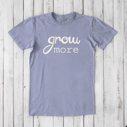Slate blue 'Grow More' men's bamboo and organic cotton T-shirt, sustainable garden-themed graphic tee for eco-conscious men.