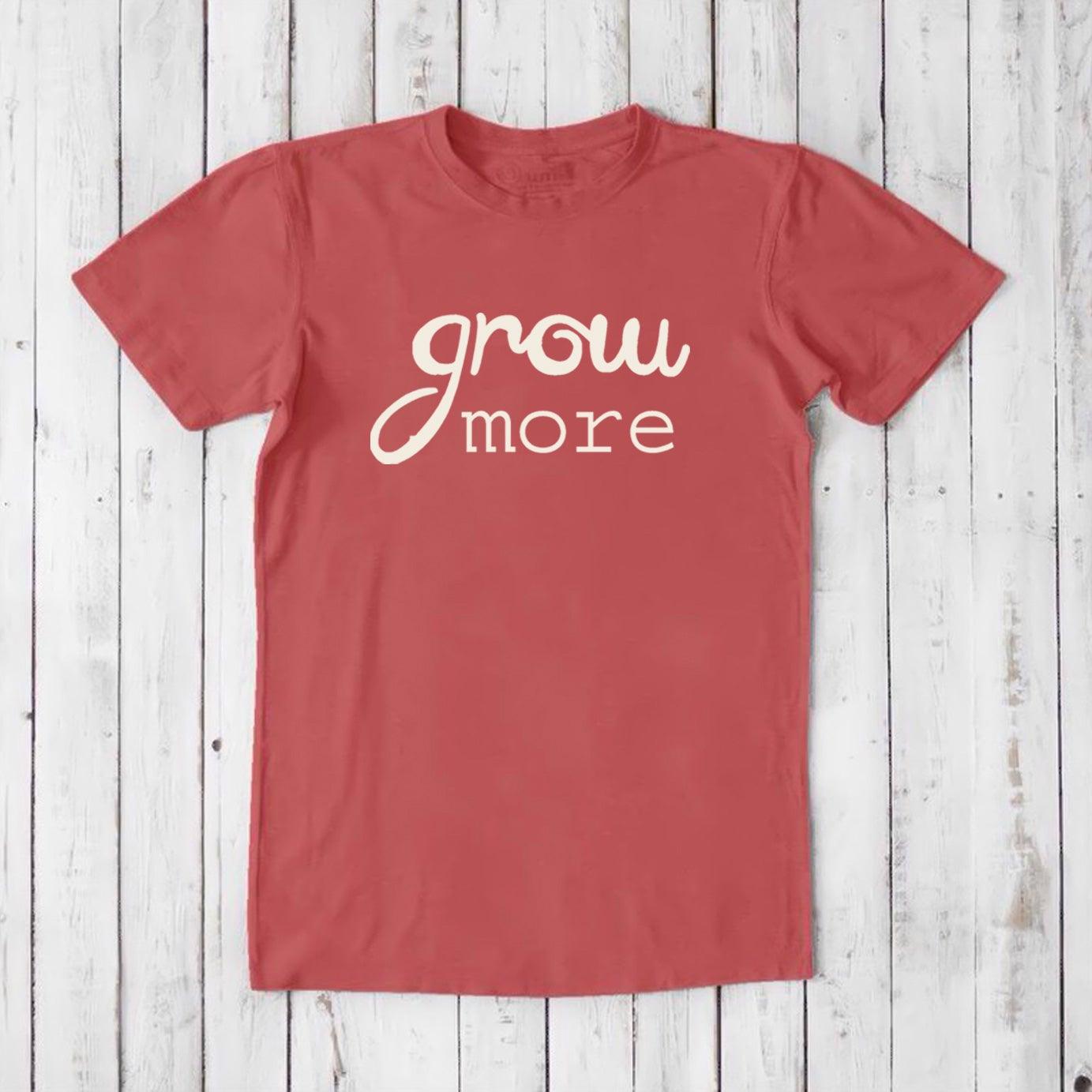 Red clay 'Grow More' men's gardening T-shirt in bamboo and organic cotton, soft breathable tee for plant lovers by Uni-T.