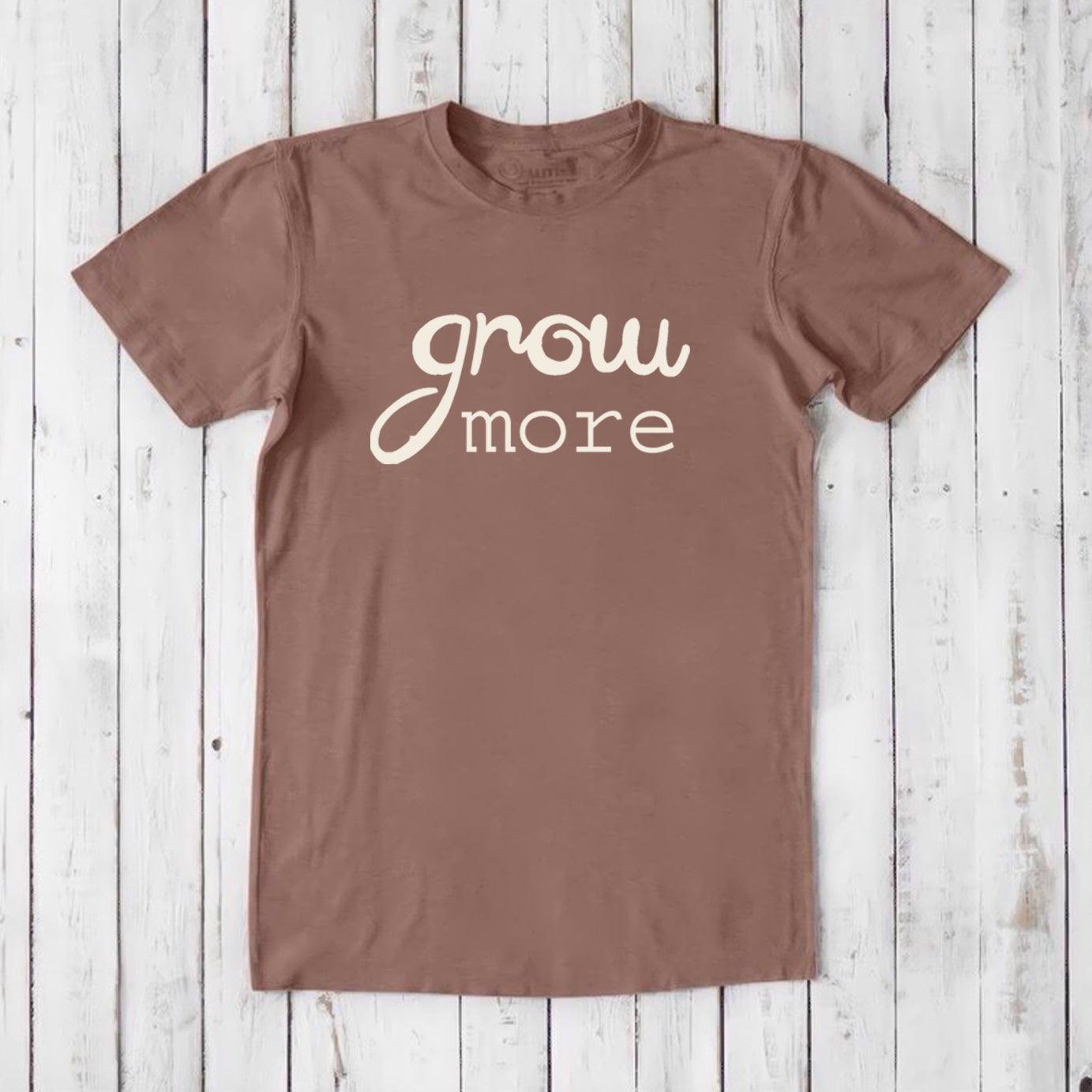 Light brown 'Grow More' men's gardening T-shirt in bamboo and organic cotton, sustainable and soft tee for plant lovers.