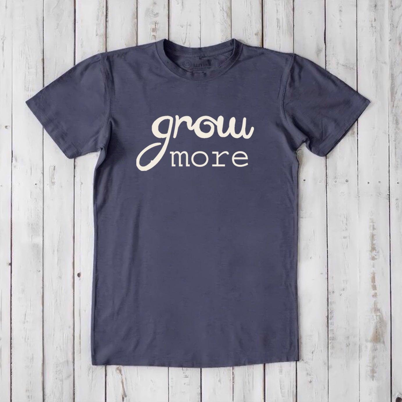Navy blue 'Grow More' men's bamboo and organic cotton T-shirt, eco-friendly classic fit tee for gardening lovers by Uni-T.