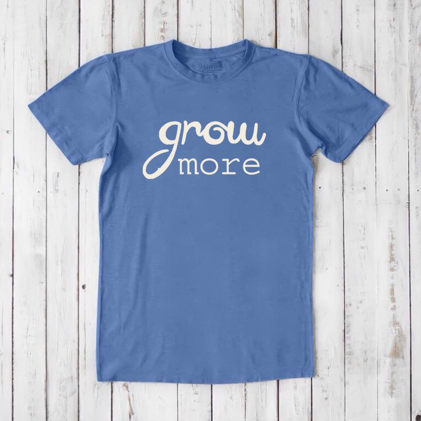 Ocean blue 'Grow More' men's gardening T-shirt made from bamboo and organic cotton, breathable and sustainable gift for plant lovers.