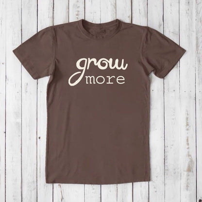 Dark brown 'Grow More' men's bamboo and organic cotton T-shirt, eco-conscious classic fit tee for gardening and plant enthusiasts.