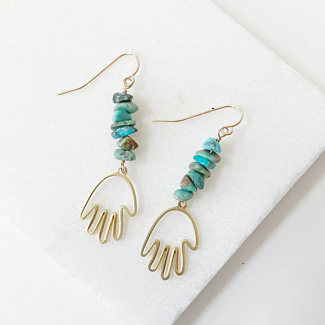 Golden Hands Earrings with turquoise gemstone beads and brass wire, featuring gold-filled ear hooks. Unique 2-inch dangle earrings for stylish accessorizing.