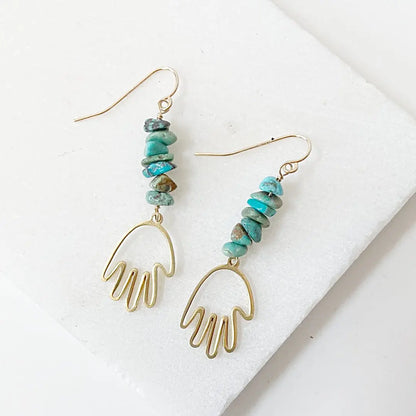 Golden Hands Earrings with turquoise gemstone beads and brass wire, featuring gold-filled ear hooks. Unique 2-inch dangle earrings for stylish accessorizing.