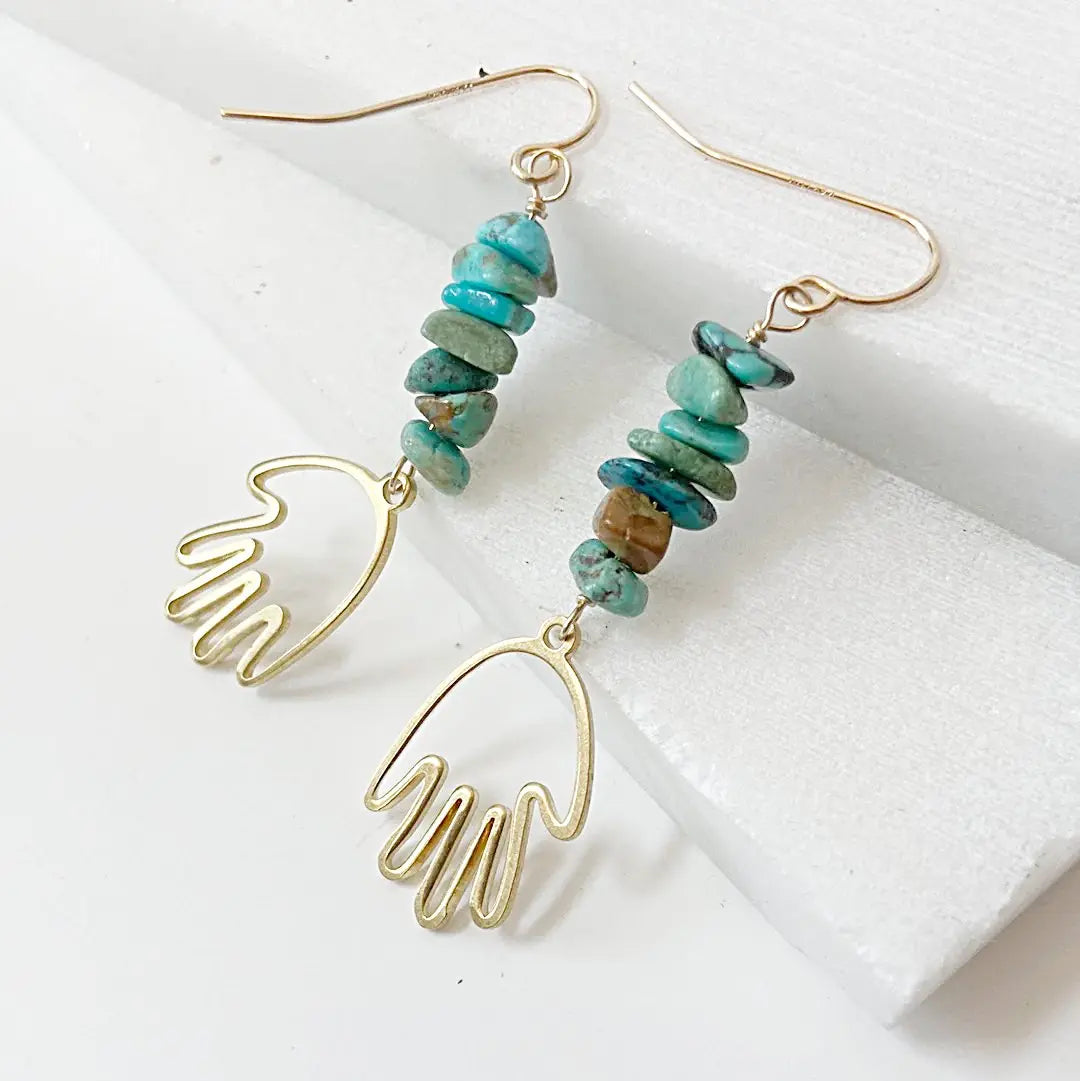 Gold hand earrings with stacked turquoise gem beads on brass wire. Elegant handmade accessory with gold-filled hooks for a boho-chic look.