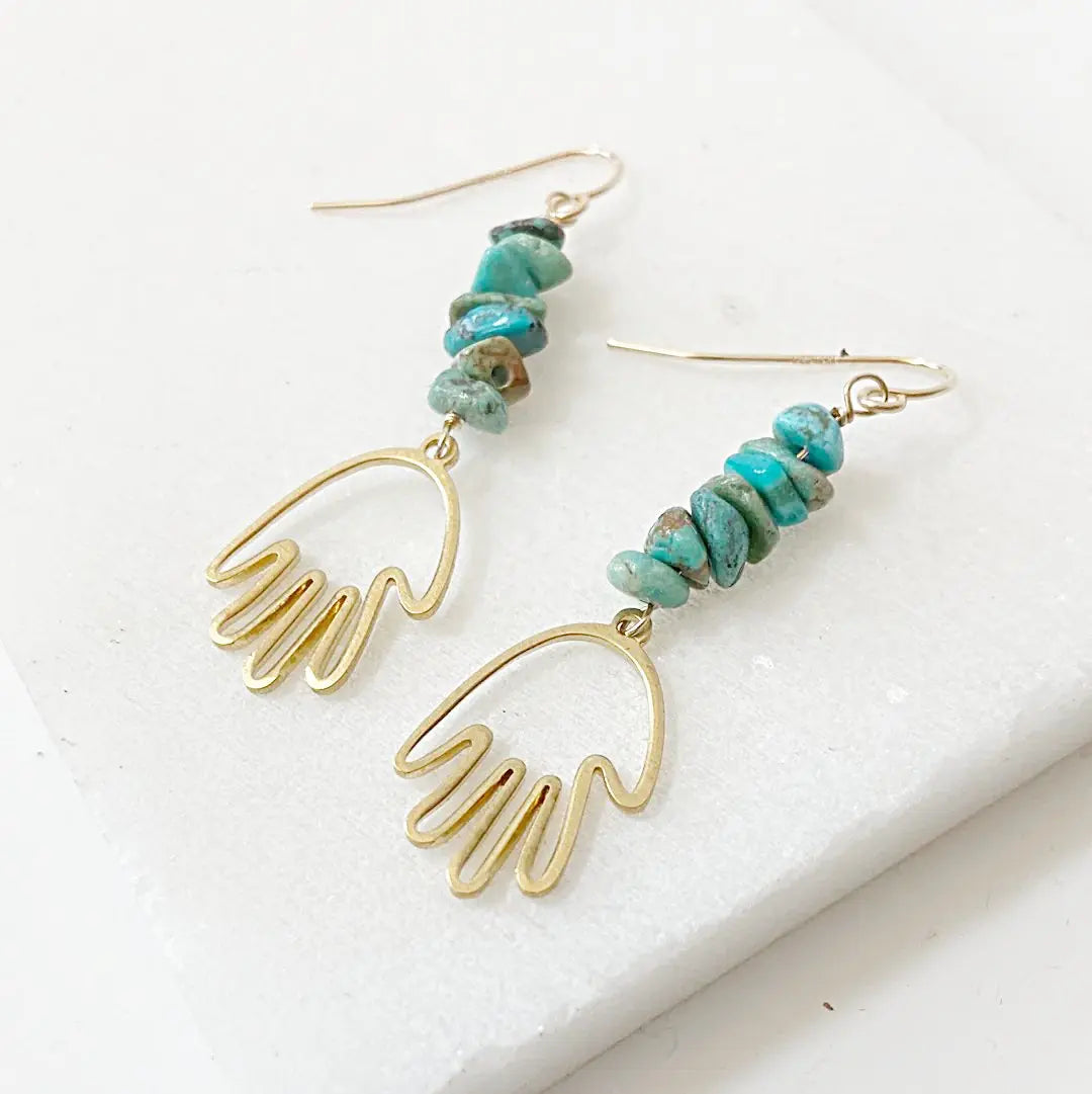 Golden Hands Earrings crafted with turquoise gemstone beads and brass wire. Artistic 2-inch earrings with gold-filled ear wires for a bold statement.