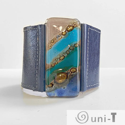 Handmade Leather Cuff with Recycled Fused Glass - Large Carolina Portillo