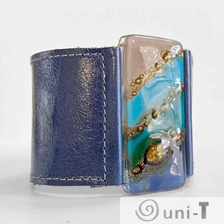 Handmade Leather Cuff with Recycled Fused Glass - Large Carolina Portillo