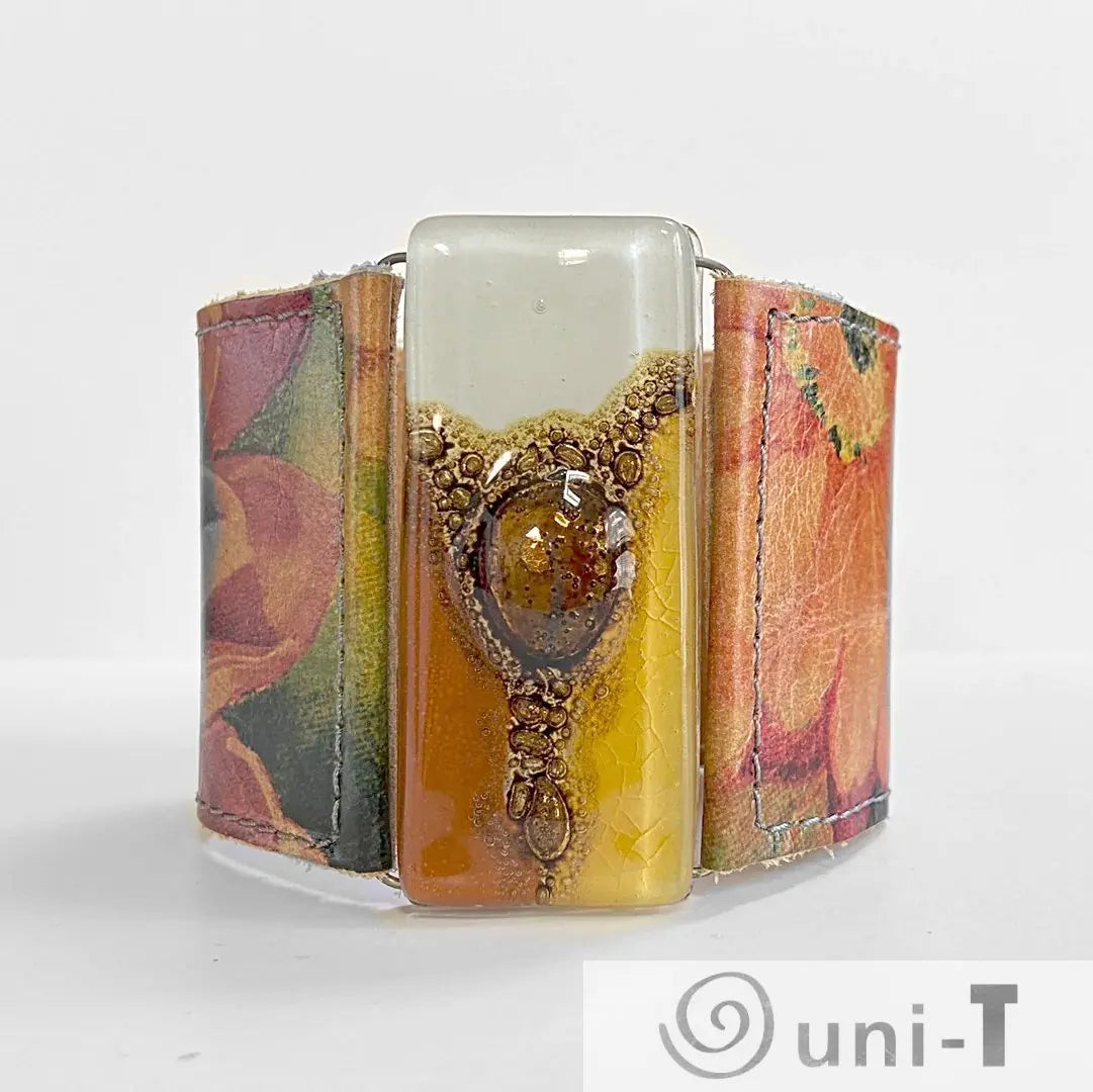 Handmade Leather Cuff with Recycled Fused Glass - Large Carolina Portillo