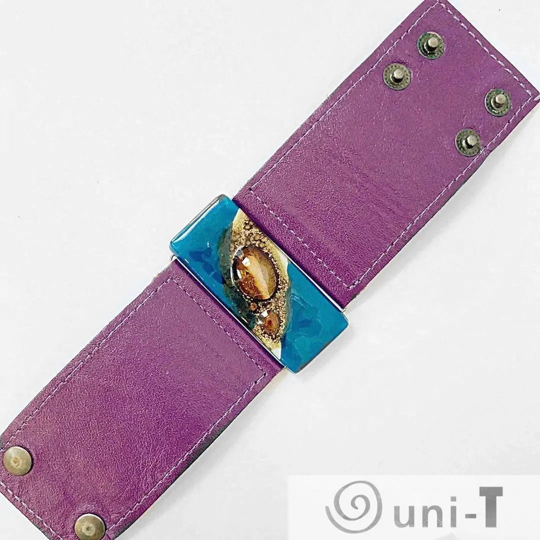 Handmade Leather Cuff with Recycled Fused Glass - Large Carolina Portillo