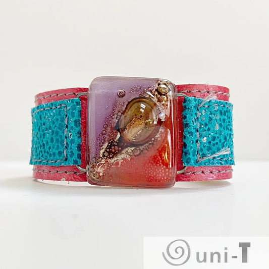 Handmade Leather Cuff with Recycled Fused Glass - Narrow Carolina Portillo