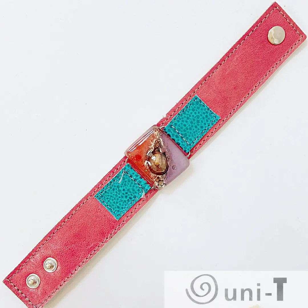 Handmade Leather Cuff with Recycled Fused Glass - Narrow Carolina Portillo