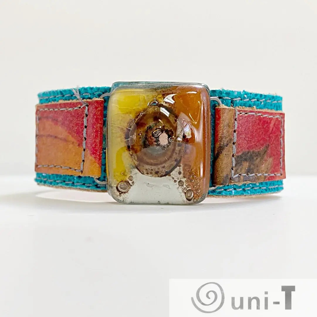 Handmade Leather Cuff with Recycled Fused Glass - Narrow Carolina Portillo