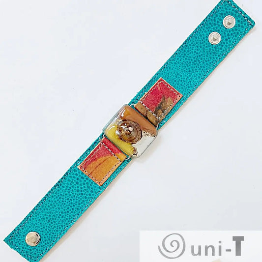 Handmade Leather Cuff with Recycled Fused Glass - Narrow Carolina Portillo