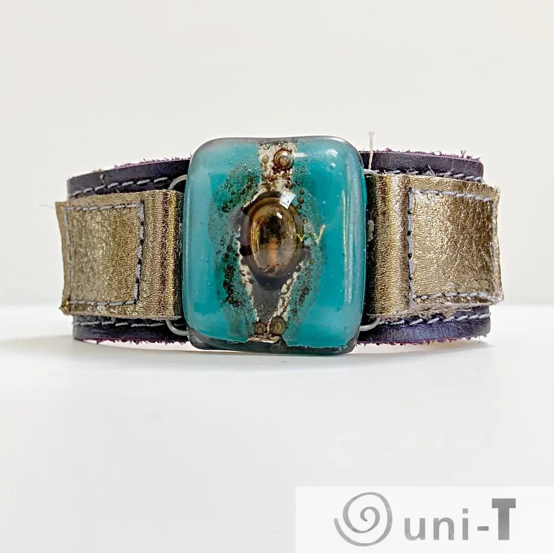 Handmade Leather Cuff with Recycled Fused Glass - Narrow Carolina Portillo