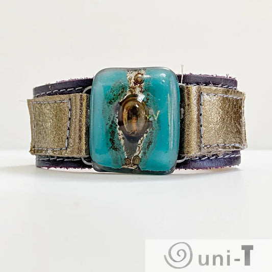 Handmade Leather Cuff with Recycled Fused Glass - Narrow Carolina Portillo