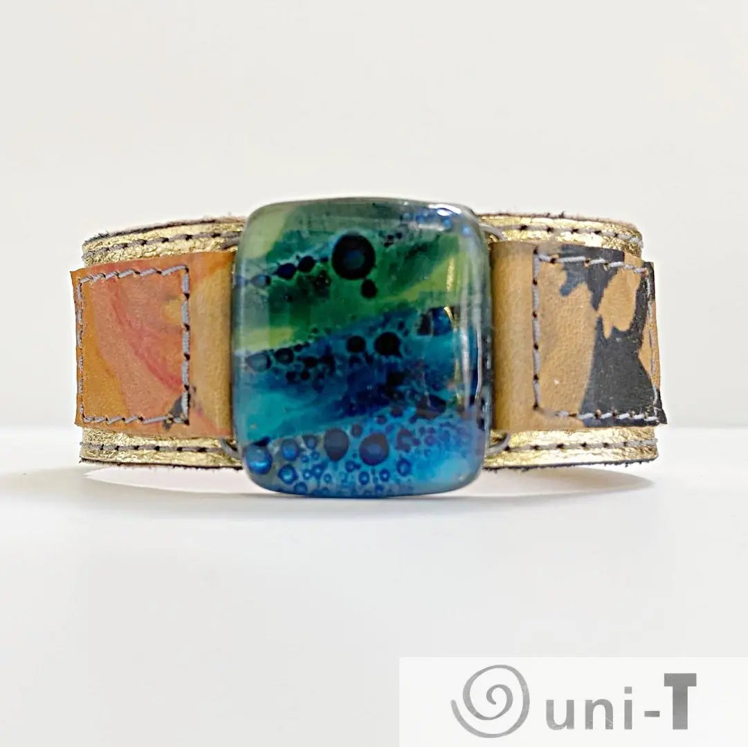 Handmade Leather Cuff with Recycled Fused Glass - Narrow Carolina Portillo