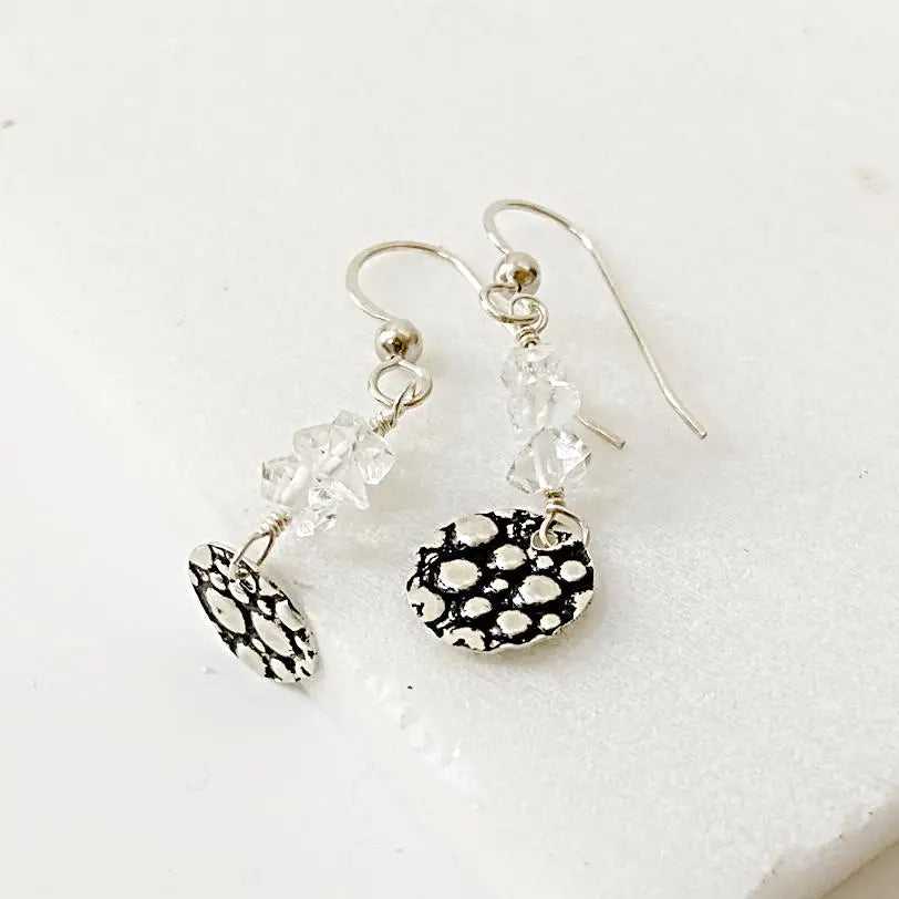 Sterling Circle Jewelry featuring Herkimer Diamond Silver Earrings with hammered disk charms and stacked crystal beads. Perfect for chic accessorizing.