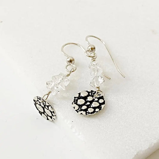 Sterling Circle Jewelry featuring Herkimer Diamond Silver Earrings with hammered disk charms and stacked crystal beads. Perfect for chic accessorizing.