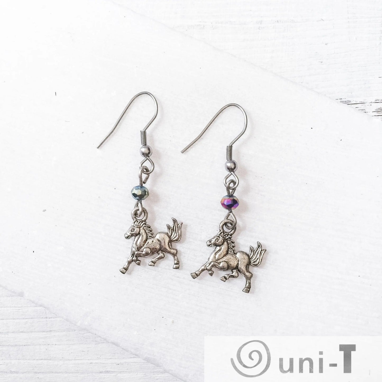 Horse Charm Earrings with Rainbow Glass Beads Shana Cohen