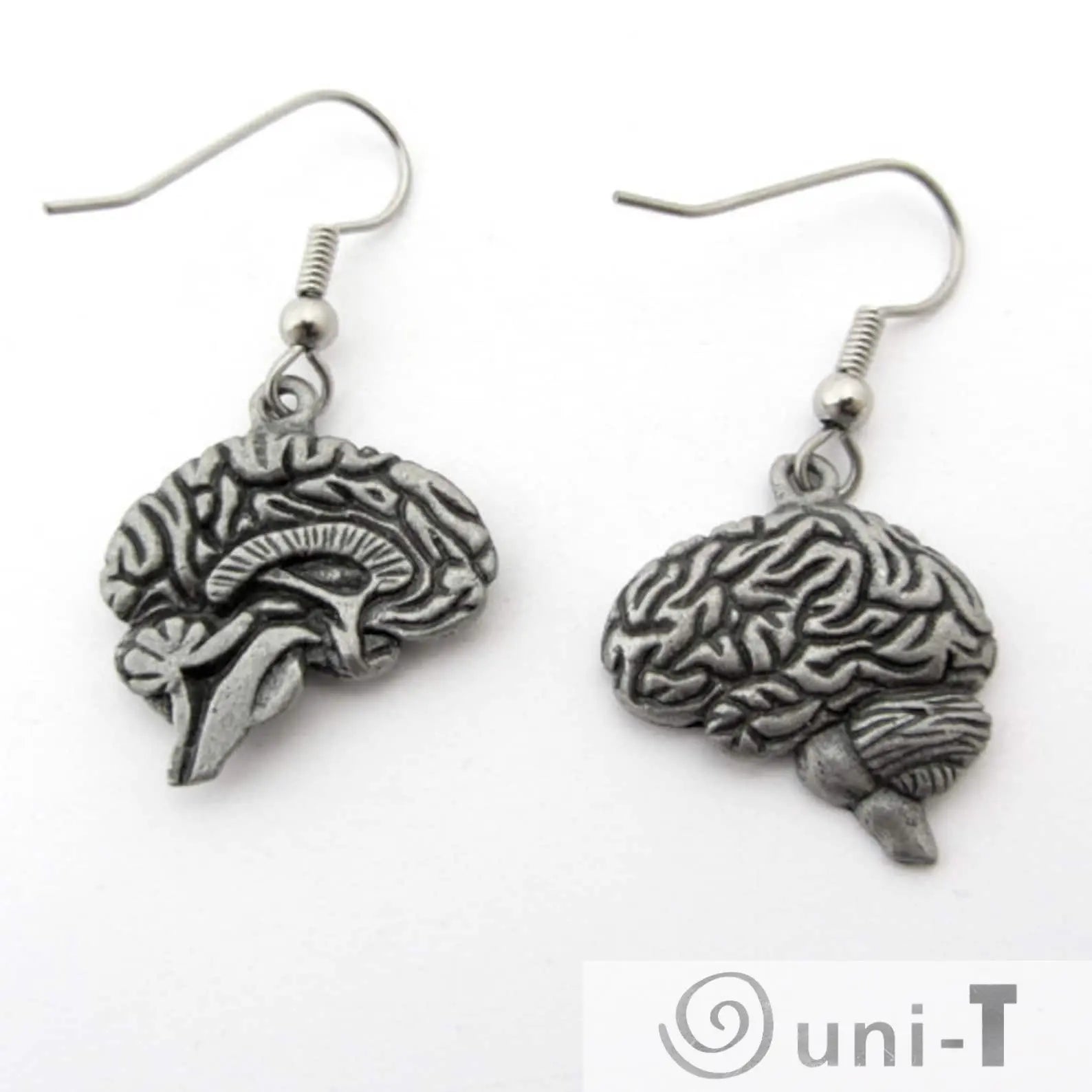 Human Brain Earrings - Unique Jewelry Gift featuring hand-carved pewter brains with anatomical left hemisphere detail. Ideal for neurology lovers.