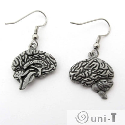 Human Brain Earrings - Unique Jewelry Gift featuring hand-carved pewter brains with anatomical left hemisphere detail. Ideal for neurology lovers.