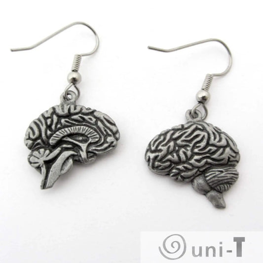 Human Brain Earrings - Unique Jewelry Gift featuring hand-carved pewter brains with anatomical left hemisphere detail. Ideal for neurology lovers.
