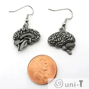 Human Brain Earrings - Unique Jewelry Gift shown next to a penny for size comparison. Handcrafted pewter design ideal for medical professionals.