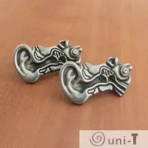 Human Ear Anatomy Earrings in metallic finish showing detailed inner ear structure. Unique ear jewelry for science lovers and medical professionals.