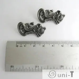 Human Ear Anatomy Earrings next to ruler for size reference. Detailed anatomical ear design perfect for science-themed accessories.