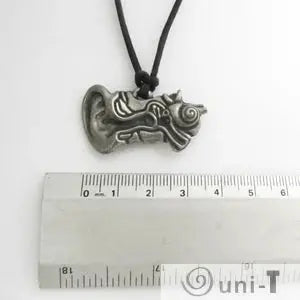 Human Ear Anatomy Necklace shown with ruler for scale, highlighting the pendant's detailed ear structure. Great for medical and science lovers.