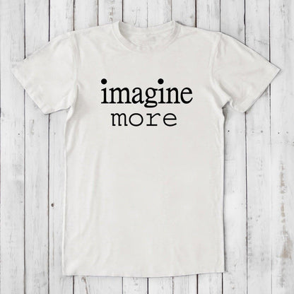 Men's Imagine T-Shirt in ivory bamboo and organic cotton with black 'imagine more' text. Classic fit inspirational tee for artists and dreamers.