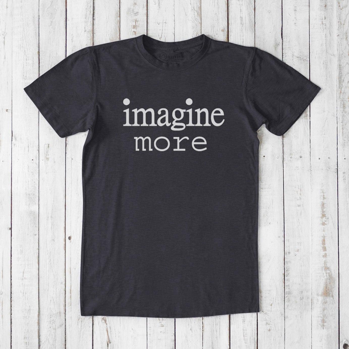 Dark gray Men's Imagine T-Shirt made from bamboo and organic cotton, featuring white 'imagine more' graphic. Sustainable gift for creatives.