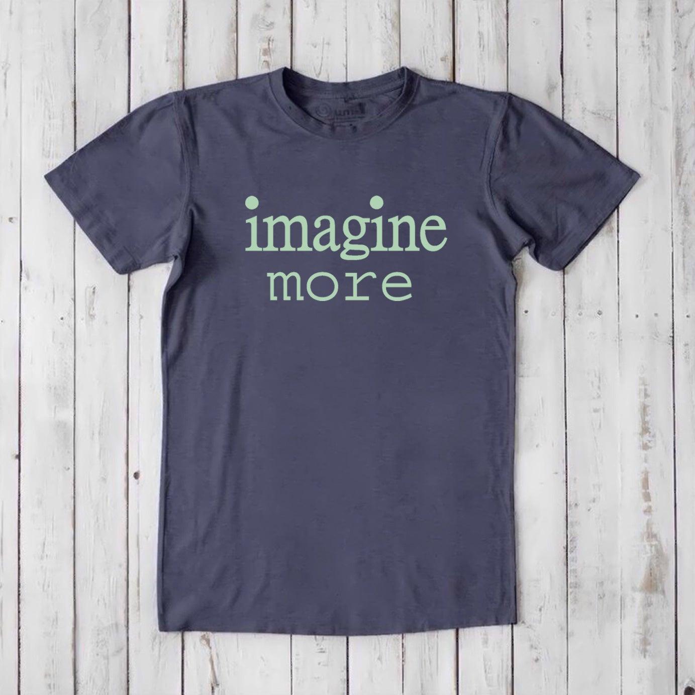 Slate blue Men's Imagine T-Shirt in bamboo and organic cotton with mint green 'imagine more' text. Eco-friendly graphic tee for visionaries.