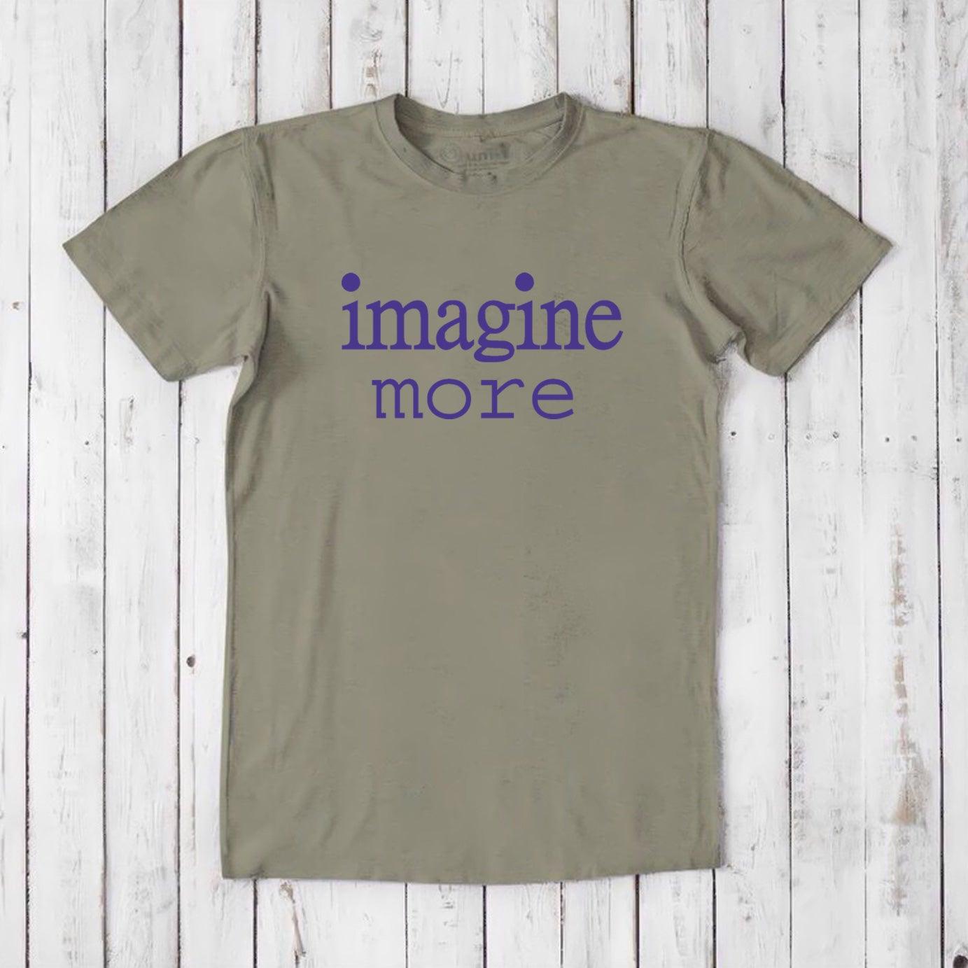 Khaki green Men's Imagine T-Shirt with purple 'imagine more' print, crafted in bamboo and organic cotton. Ideal for thoughtful, creative men.