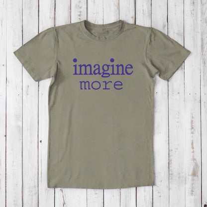 Khaki green Men's Imagine T-Shirt with purple 'imagine more' print, crafted in bamboo and organic cotton. Ideal for thoughtful, creative men.