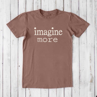 Light brown Men's Imagine T-Shirt in bamboo and organic cotton with cream 'imagine more' text. Soft, sustainable tee for imaginative minds.