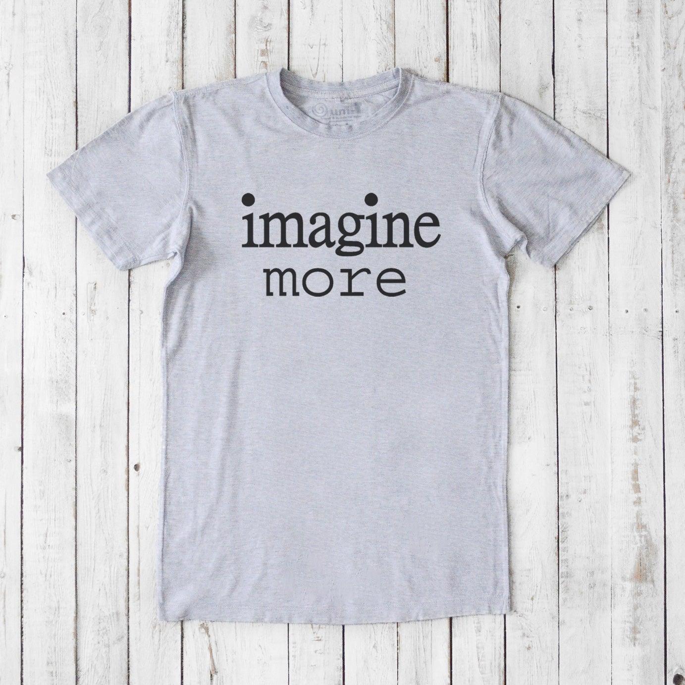 Heather gray Men's Imagine T-Shirt made from bamboo and organic cotton, featuring black 'imagine more' text. Comfortable and eco-conscious.