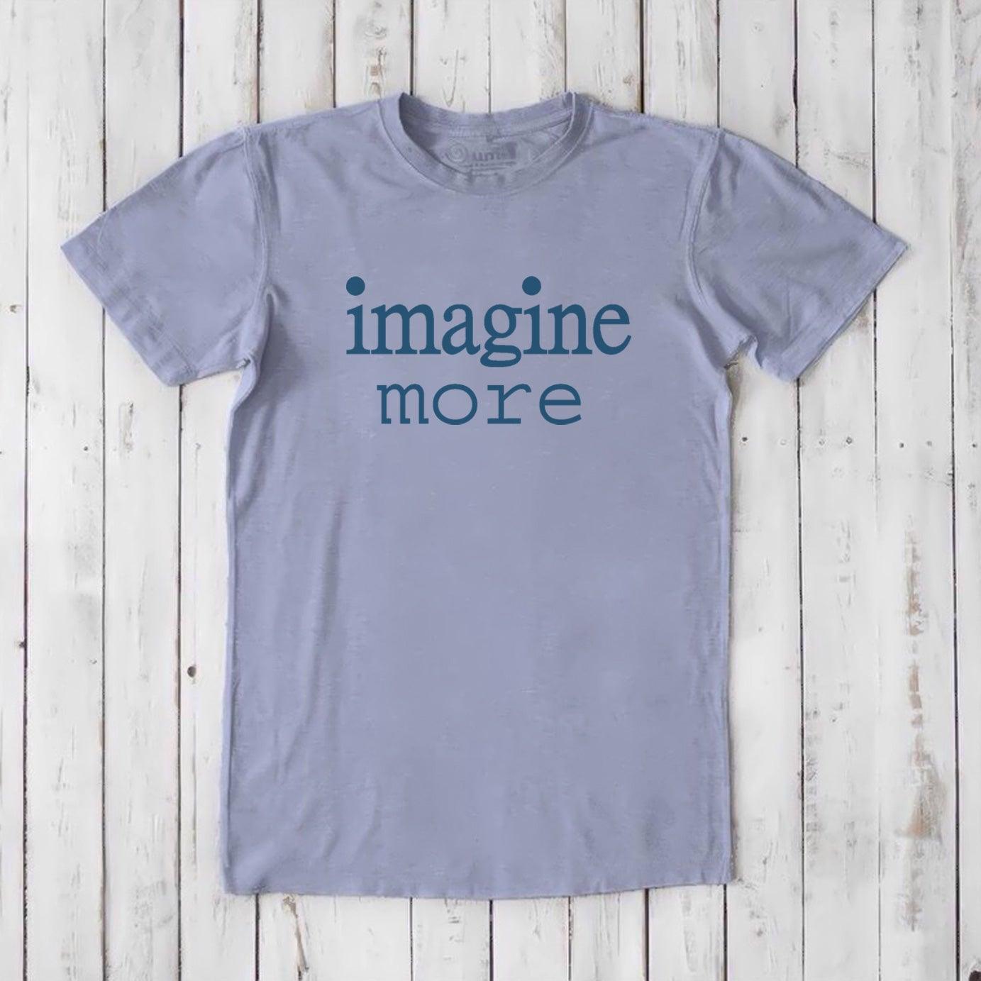 Light lavender Men's Imagine T-Shirt in bamboo and organic cotton with teal 'imagine more' text. Sustainable fashion for artistic expression.