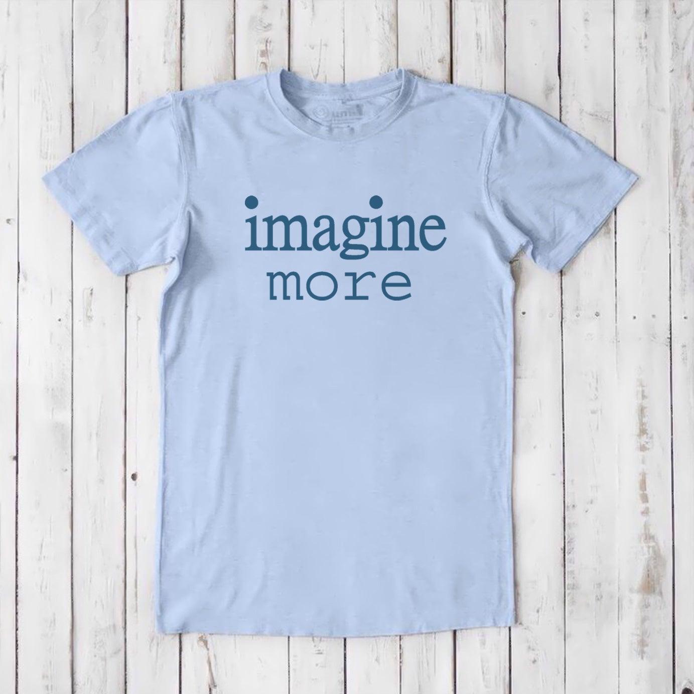 Light blue Men's Imagine T-Shirt in bamboo and organic cotton with navy 'imagine more' text. Classic fit tee for imaginative individuals.