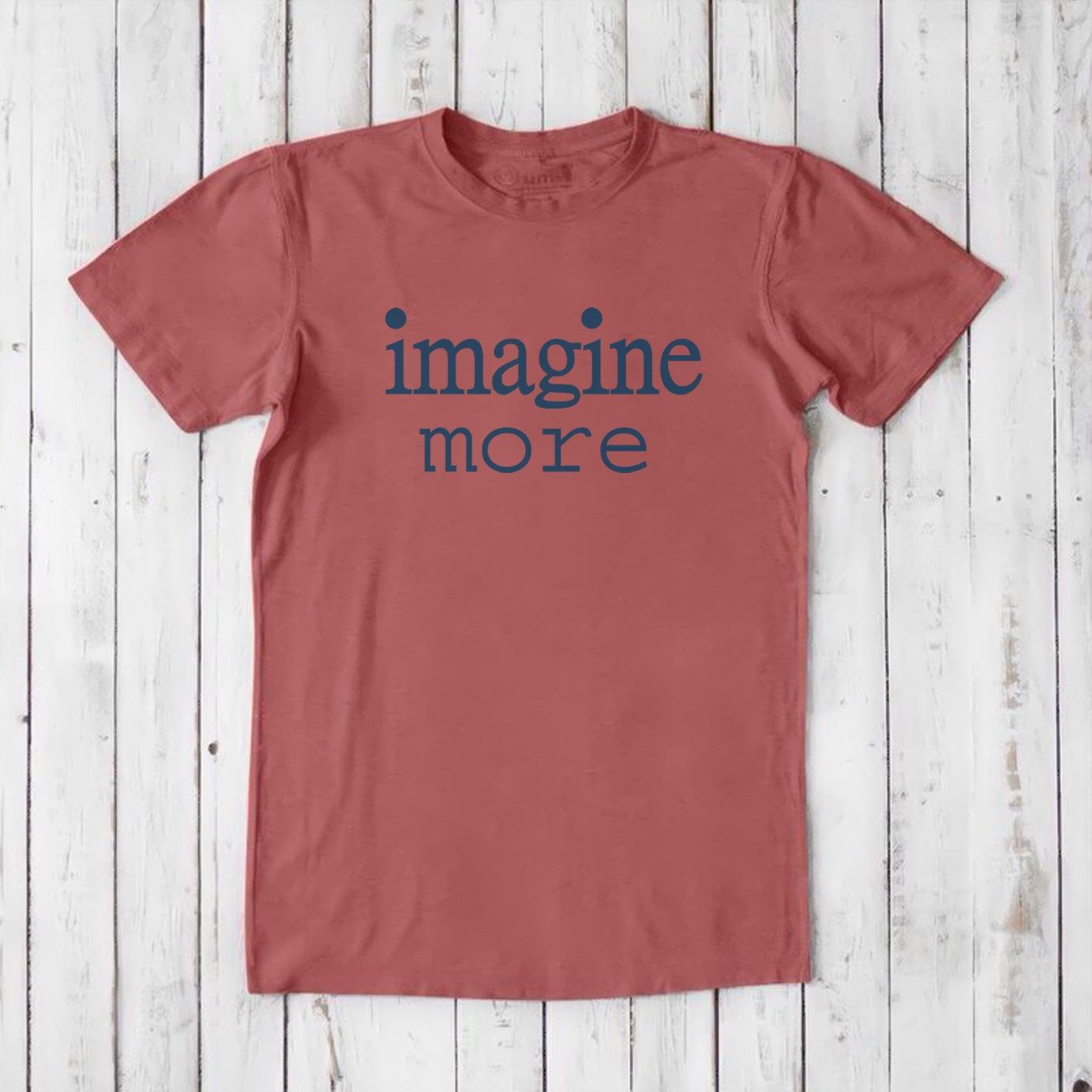 Red Men's Imagine T-Shirt with navy 'imagine more' text, made from bamboo and organic cotton. Inspirational and eco-friendly apparel.