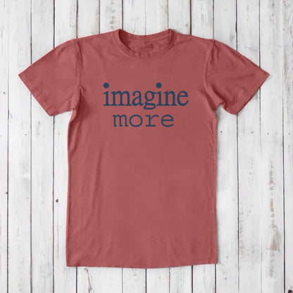 Red Men's Imagine T-Shirt with navy 'imagine more' text, made from bamboo and organic cotton. Inspirational and eco-friendly apparel.