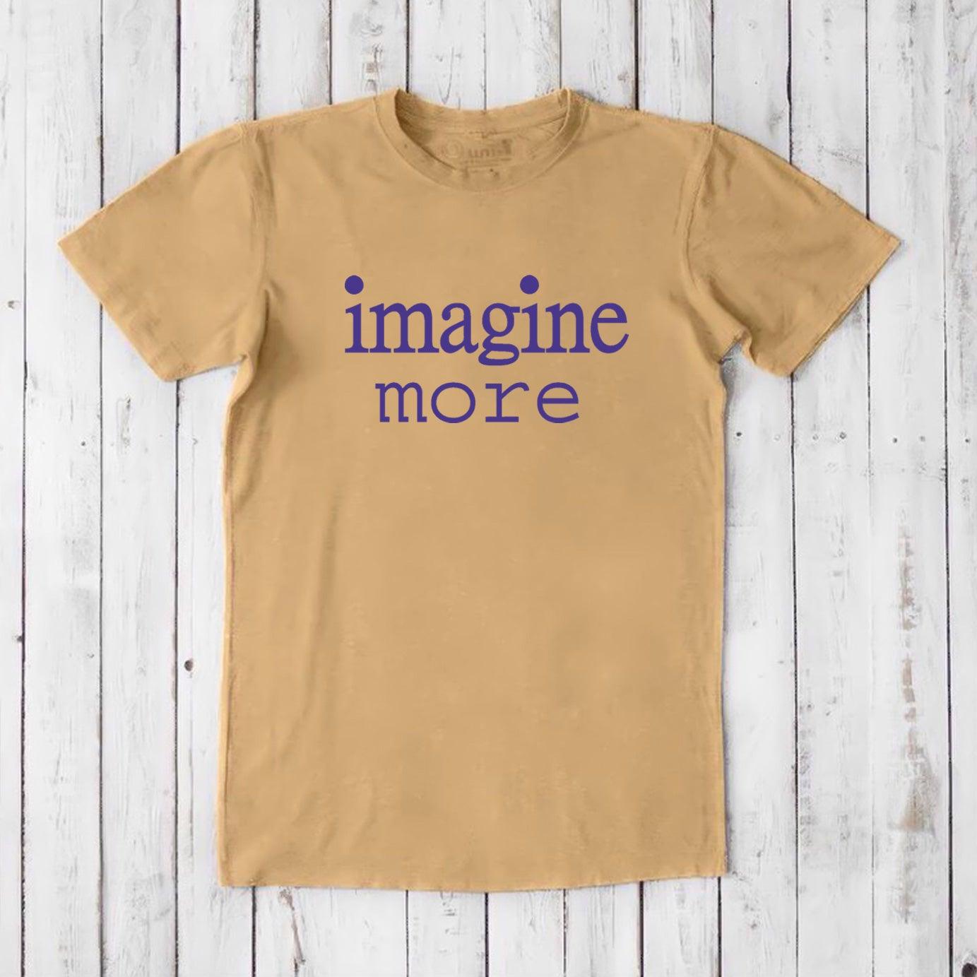Mustard yellow Men's Imagine T-Shirt in bamboo and organic cotton with purple 'imagine more' text. Bold and sustainable gift idea.