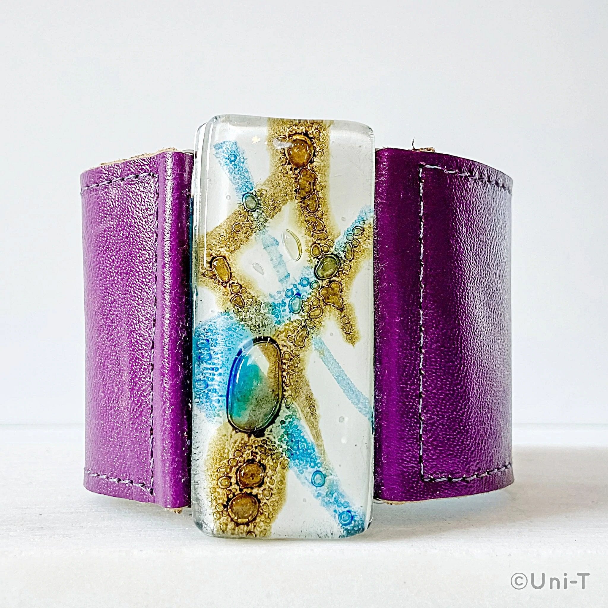 Fused Recycled Glass 2&quot; Reclaimed Leather Cuff Uni-T Bracelets