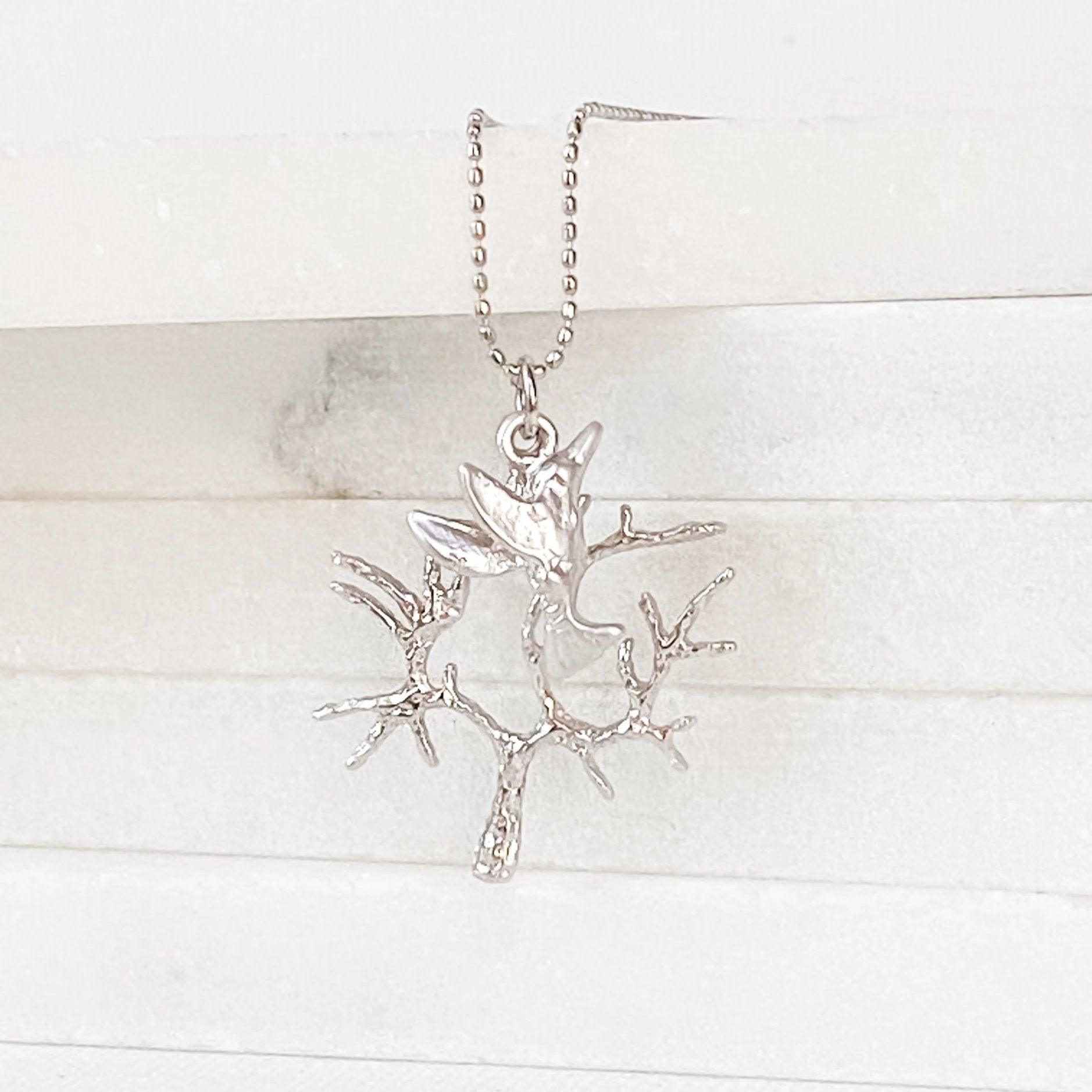 Rhodium Charm Necklace - Tree &amp; Humming Bird Uni-T