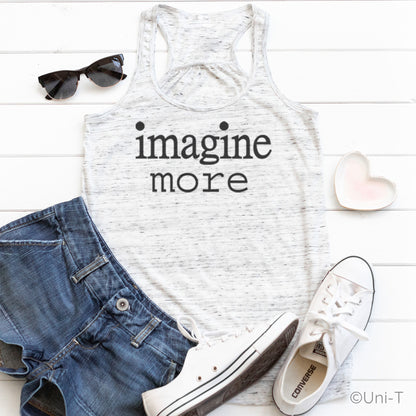 Women’s Flowy Tank Top - Imagine More in heather white styled with denim shorts, sunglasses, and sneakers. Lightweight inspirational summer wear.